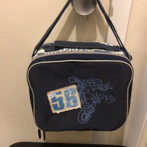 C) Boys EUC Navy Blue Graphic Lunch Bag with Handle and Strap
